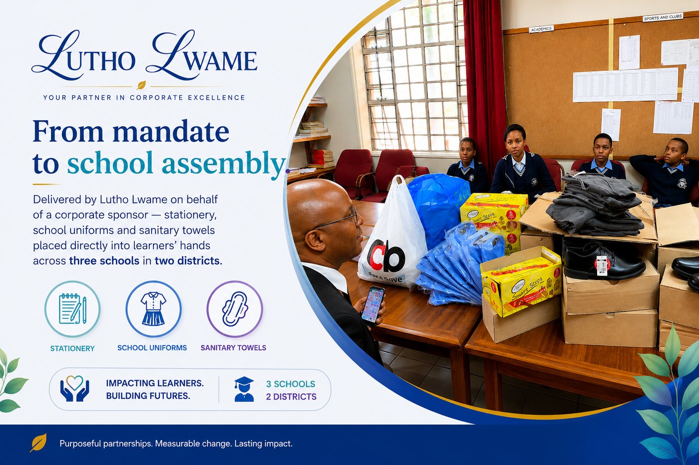 From mandate to school assembly — donations delivered to three schools across two districts.